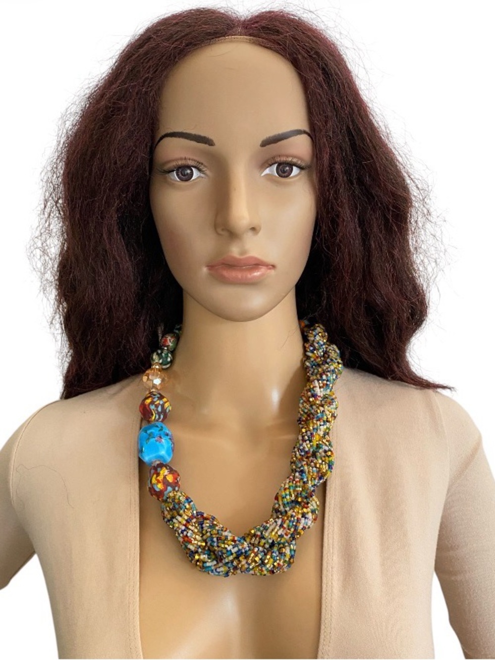 Handmade African twisted glass beads and patterned beads with crystal necklace